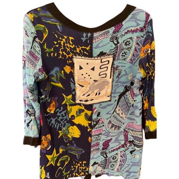 La Cera Tunic Blouse Womens Medium Artsy Wooden Button Patchwork Art to Wear - Picture 2 of 7